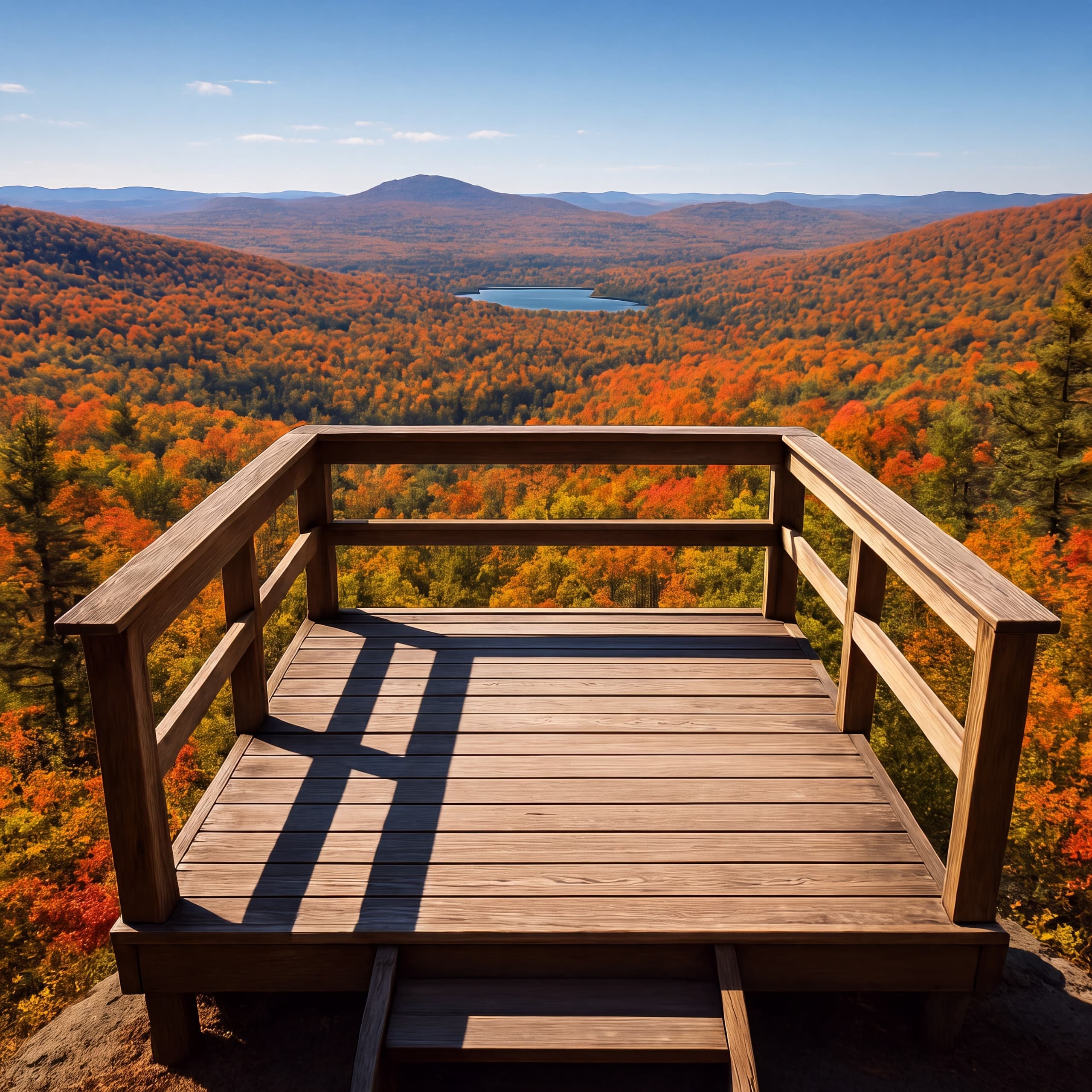Belvédère de bois surplombant une vallée aux couleurs d'automne