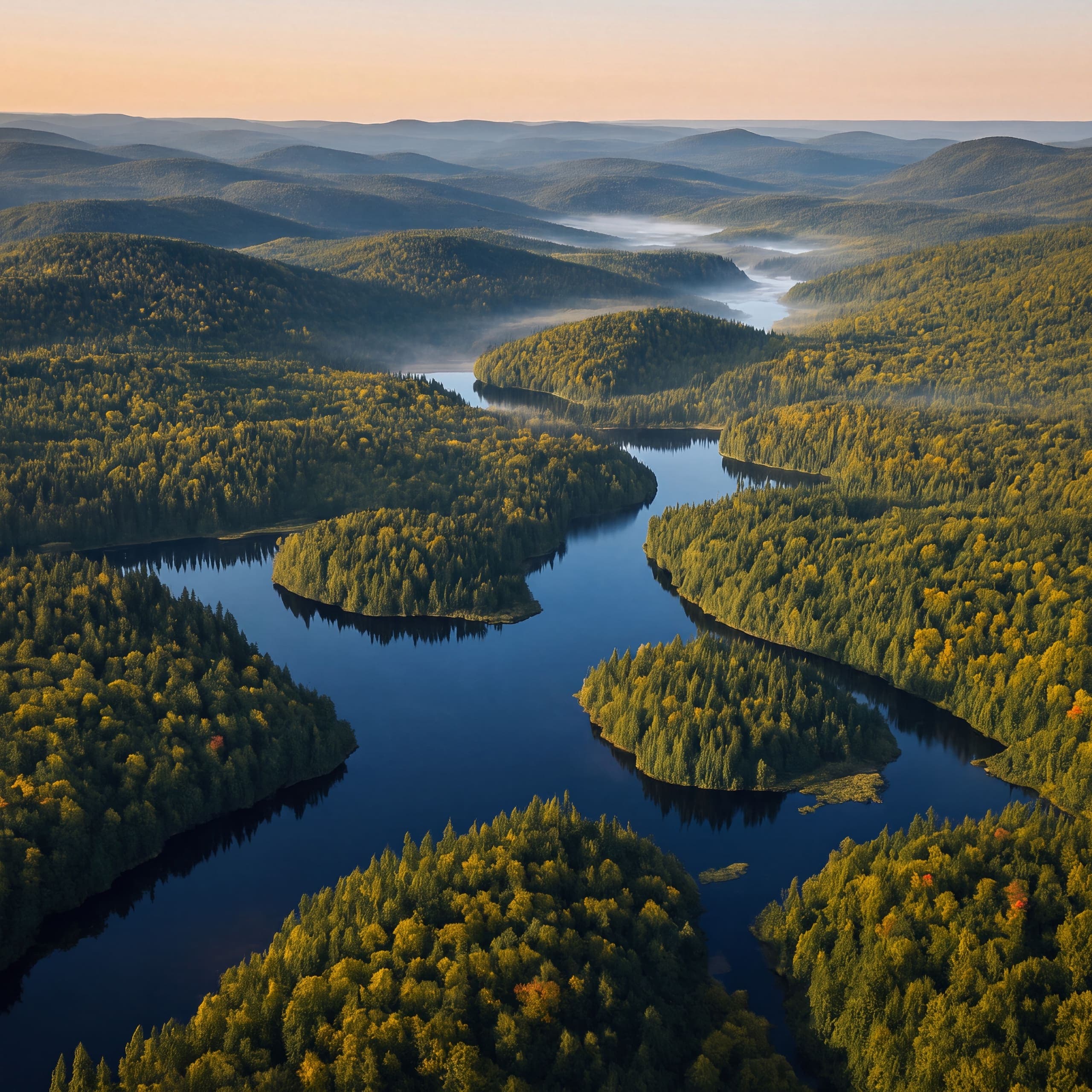 Vue aérienne des lacs et forêts des Hautes-Laurentides