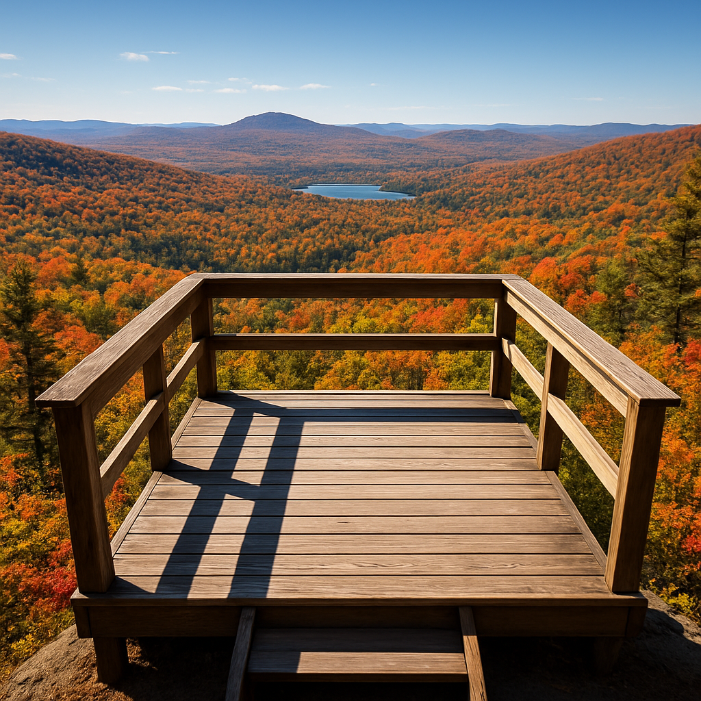 Belvédère de bois surplombant une vallée aux couleurs d'automne