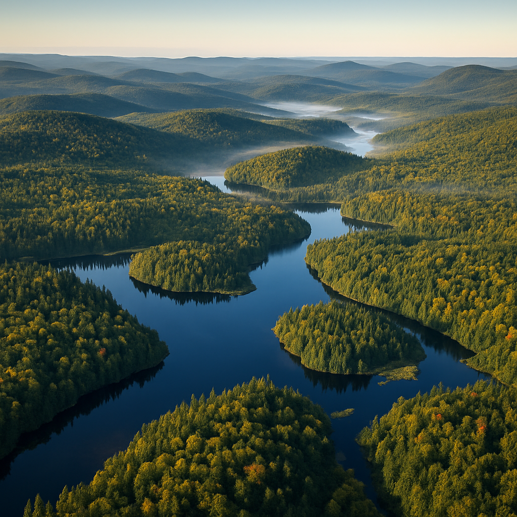 Vue aérienne des lacs et forêts des Hautes-Laurentides